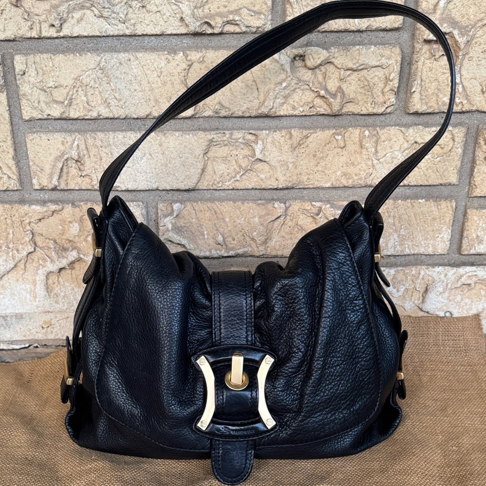 B MAKOWSKY large Leather Shoulder Bag Hobo Bag Gold Hardware Bow Shape - Picture 12 of 16